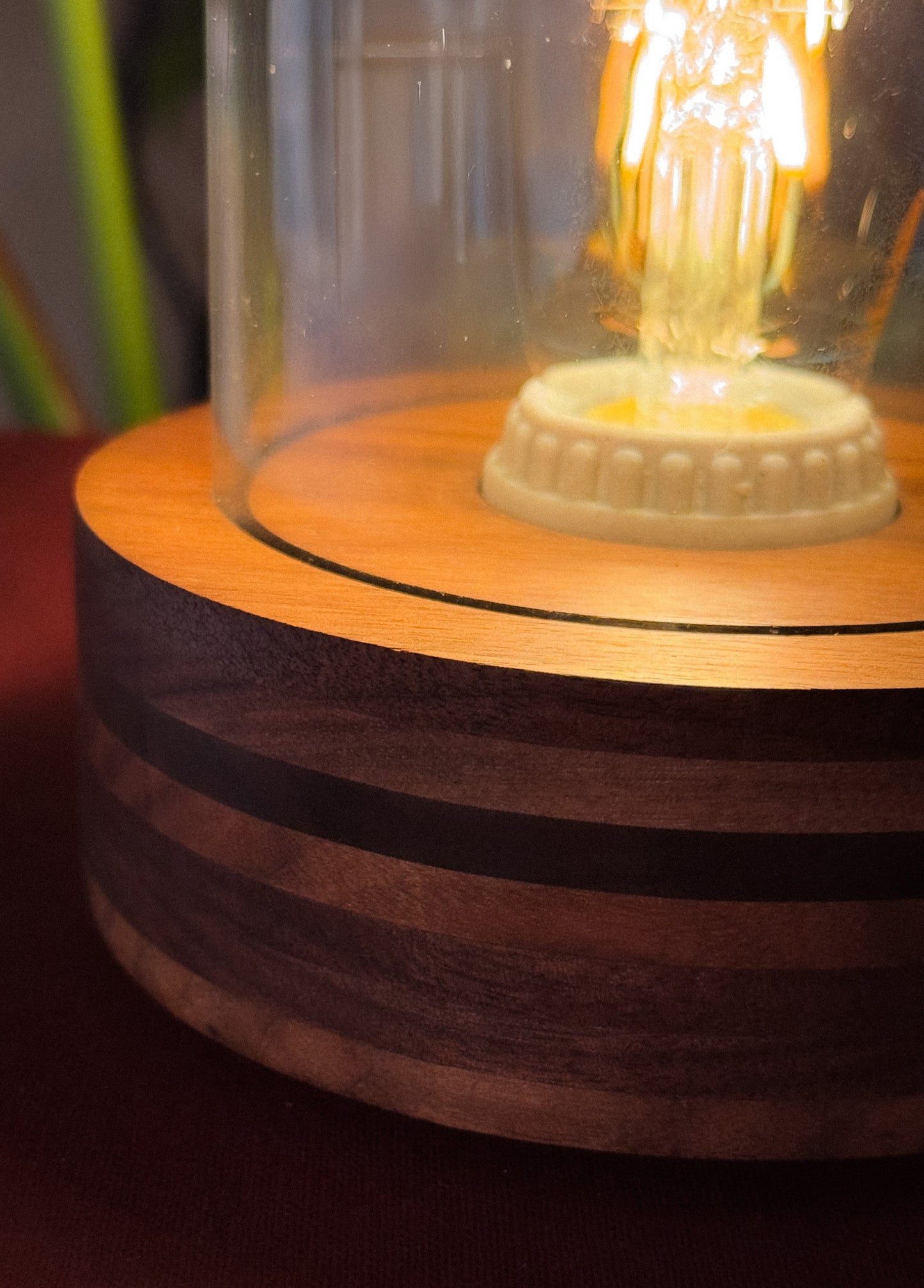 Handmade Walnut & Style Glass Dome Table Lamp with dimmer switch (Round)