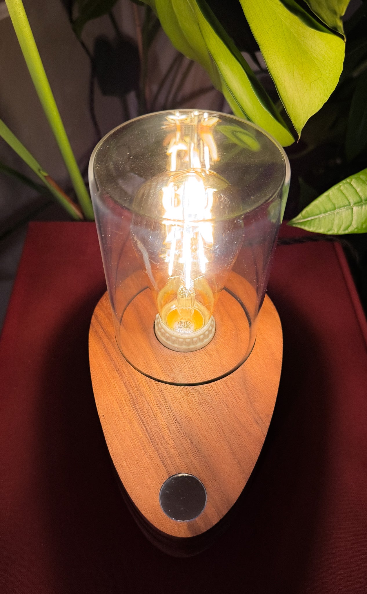 Handmade Walnut & Glass Dome Table Lamp with 3-way touch button (round)