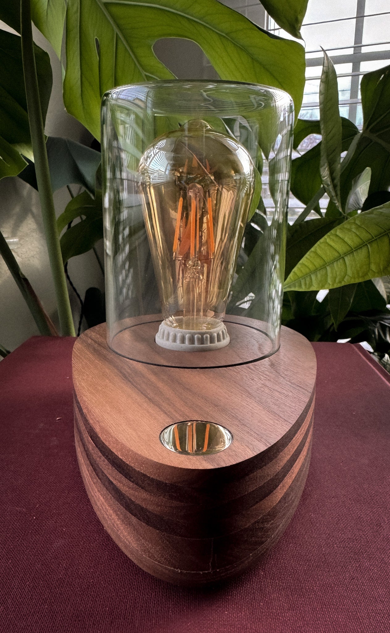 Handmade Walnut & Glass Dome Table Lamp with 3-way touch button (round)