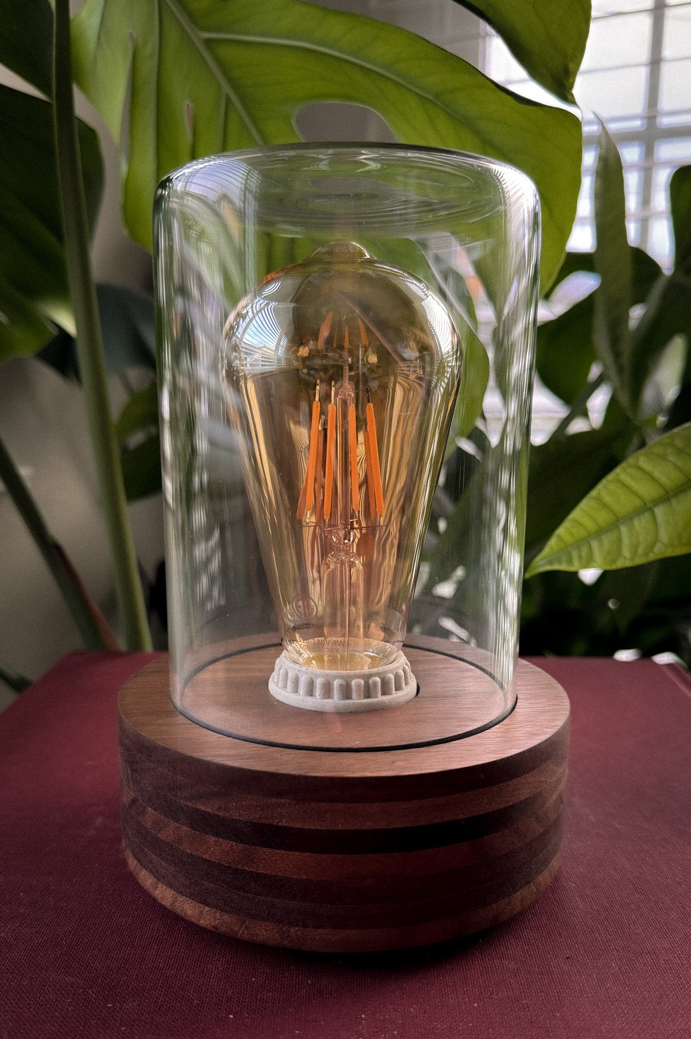 Handmade Walnut & Style Glass Dome Table Lamp with dimmer switch (Round)