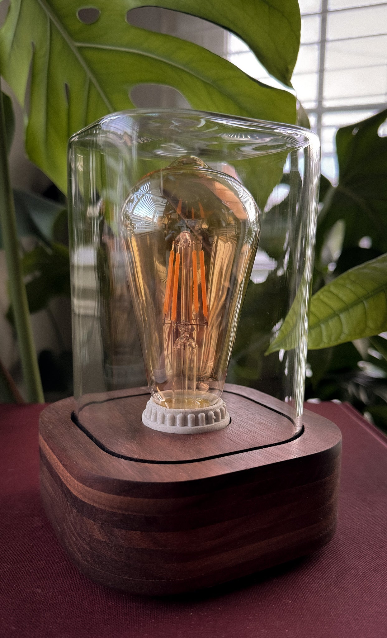 Handmade Walnut & Style Glass Table Lamp with dimmer switch (Square)