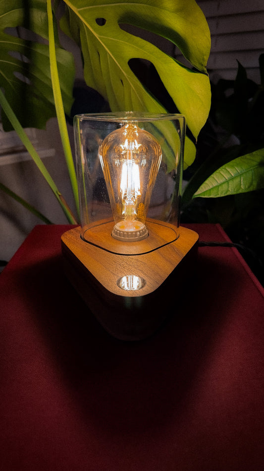 Handmade Walnut & Glass Dome Table Lamp with 3-way Touch Button (Square)