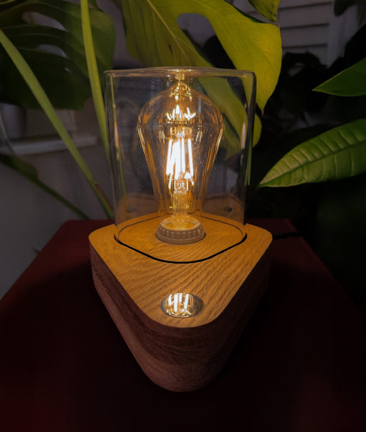 Handmade Oak & Glass Dome Table Lamp with 3-way touch button (square)