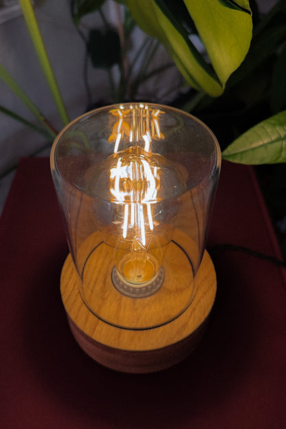 Handmade Oak & Glass Table Lamp with dimmer switch (Round)