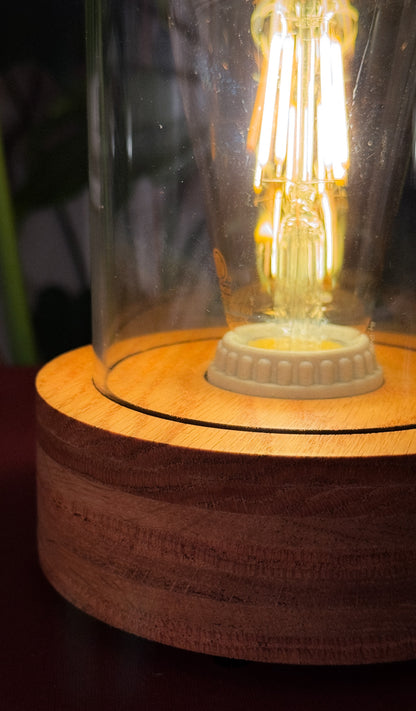 Handmade Oak & Glass Table Lamp with dimmer switch (Round)