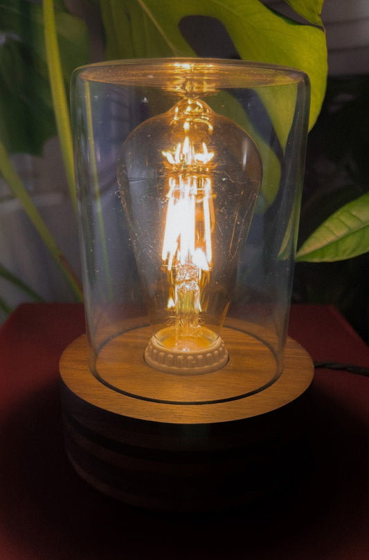 Handmade Walnut & Style Glass Dome Table Lamp with dimmer switch (Round)