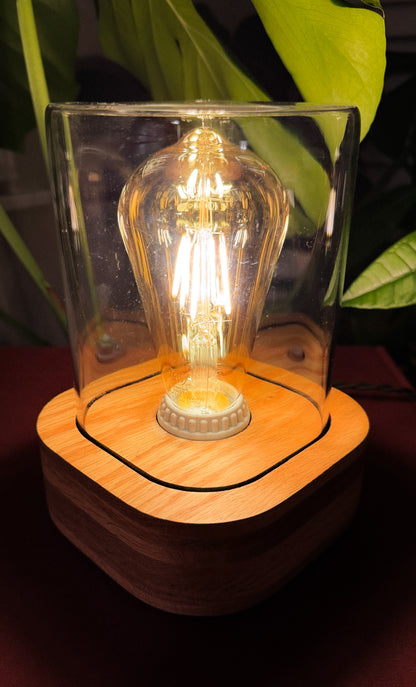 Handmade Oak & Glass Table Lamp with dimmer switch (Square)