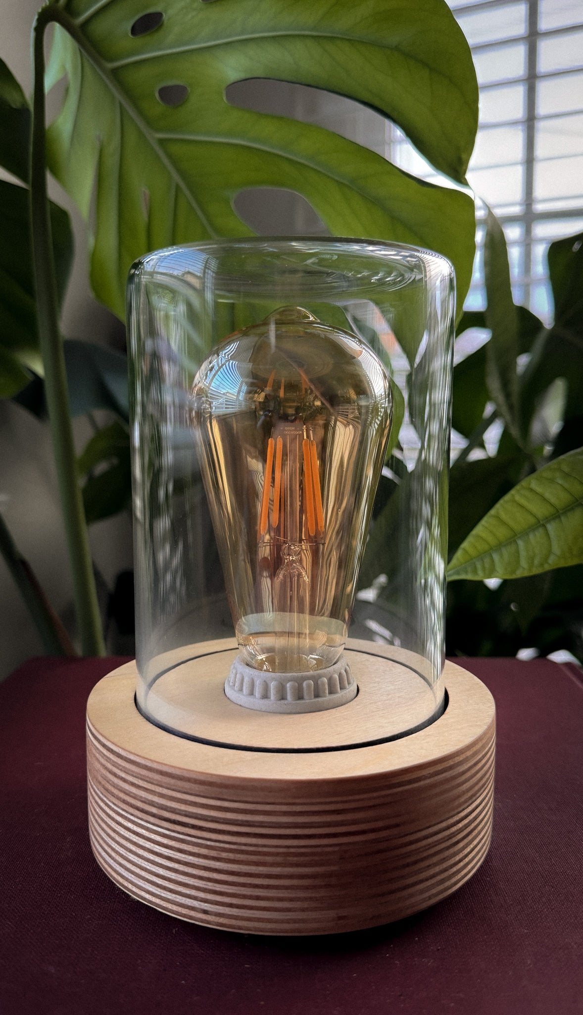 Handmade Plywood & Glass Dome Table Lamp with dimmer switch (Round)